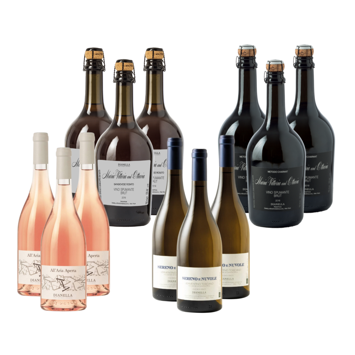 Offerta di giugno Fattoria Dianella: 12 bottiglie — Sereno e Nuvole Vermentino, All'Aria Aperta Rosato e spumanti Brut Maria Vittoria & Ottavia