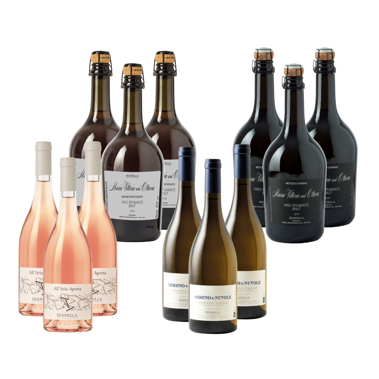 Villa DIANELLA OFFERTE1 Offerta di giugno Fattoria Dianella: 12 bottiglie — Sereno e Nuvole Vermentino, All'Aria Aperta Rosato e spumanti Brut Maria Vittoria & Ottavia