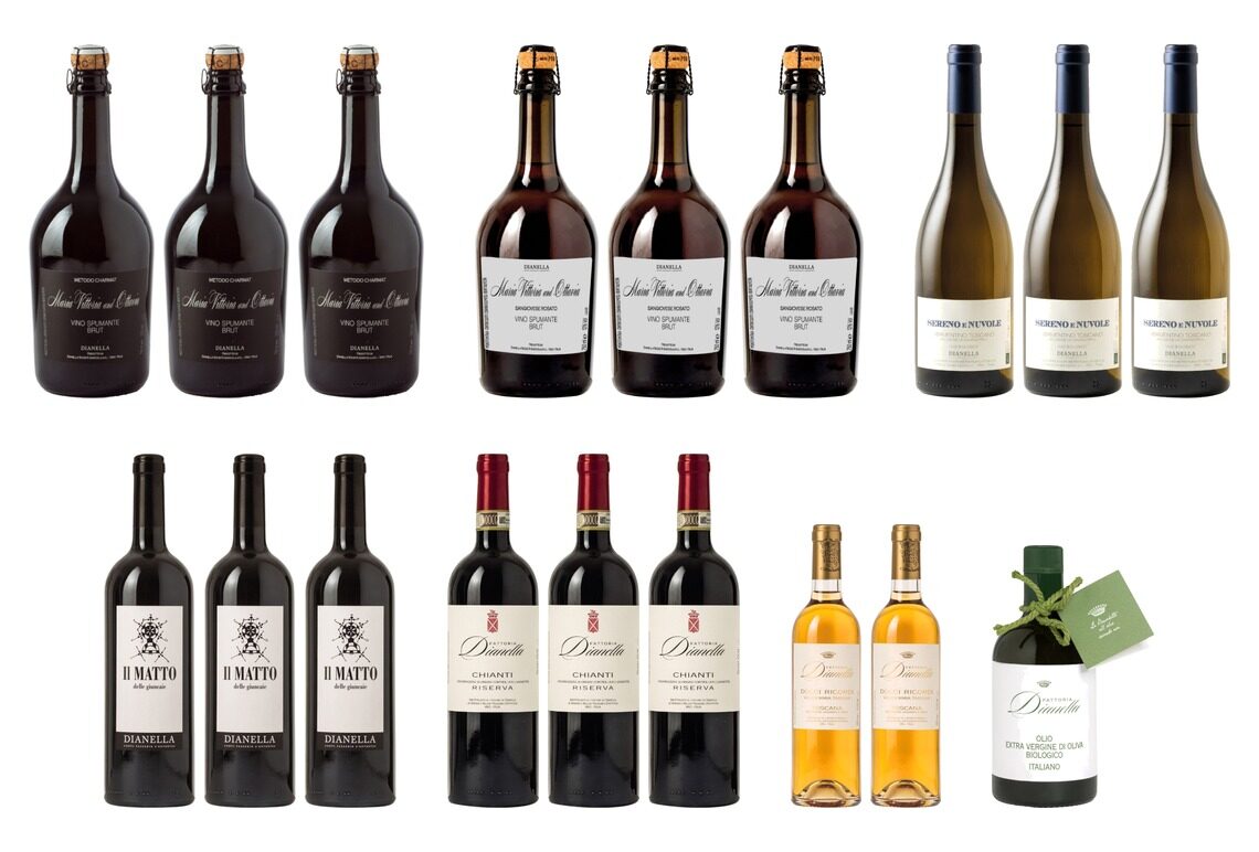 The 18 pieces of the Christmas selection: Maria Vittoria & Ottavia Vermentino Brut and Sangiovese Brut, Sereno e Nuvole, Il Matto delle Giuncaie, Chianti Riserva, Dolci Ricordi and new organic olive oil