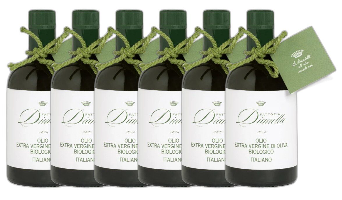 Sei bottiglie di olio extravergine biologico Fattoria Dianella da 0,5 l
